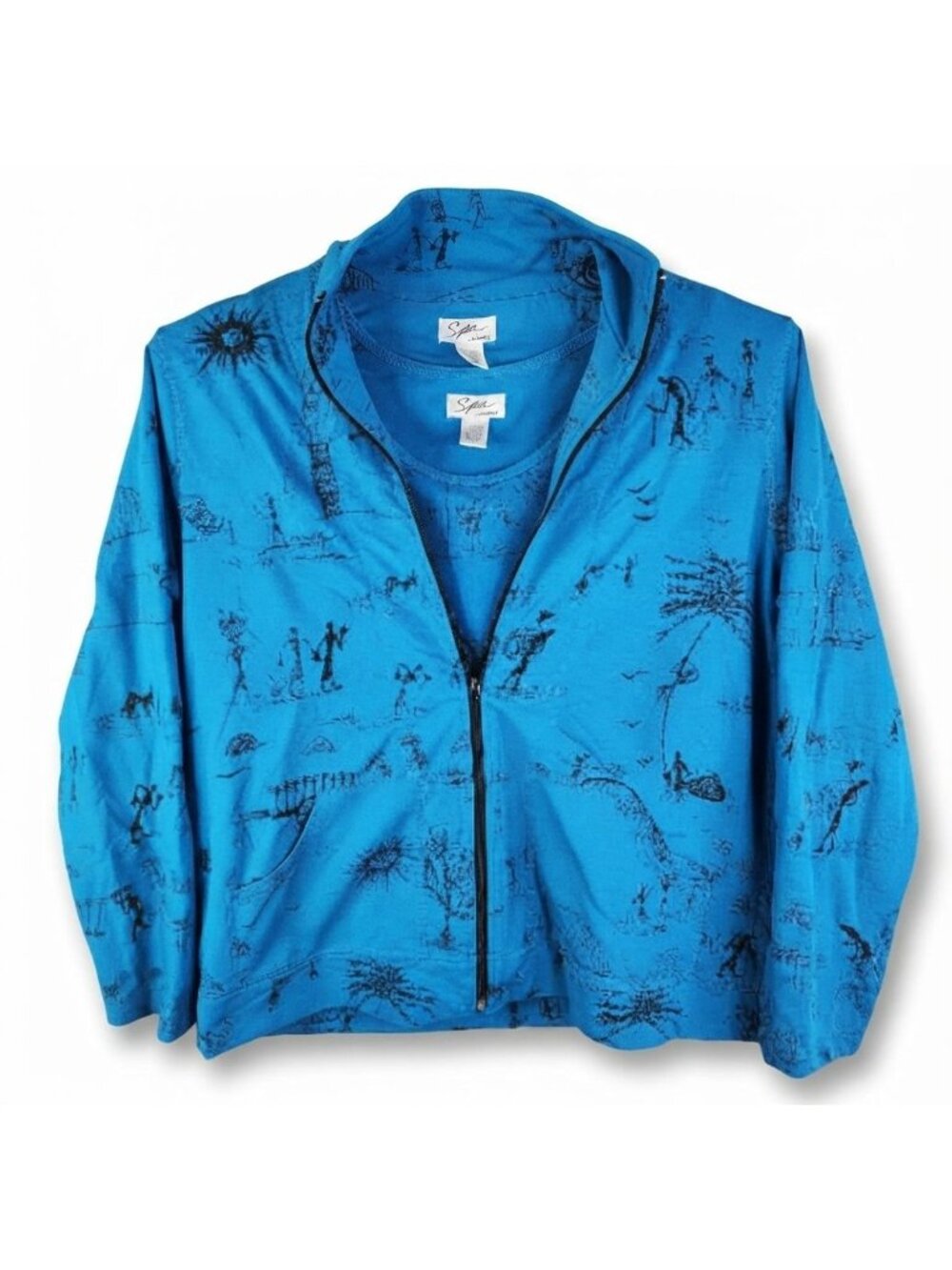 Women Spa By Chico's Blue Black Graphic Print Zip Jacket Tank Twin Set Size 2